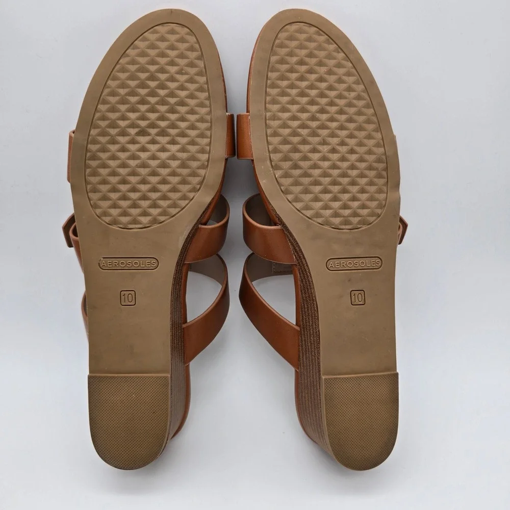 Aerosoles Borri Tan Brown Leather Wedge Slide Sandals Gold Buckle Womens 10
